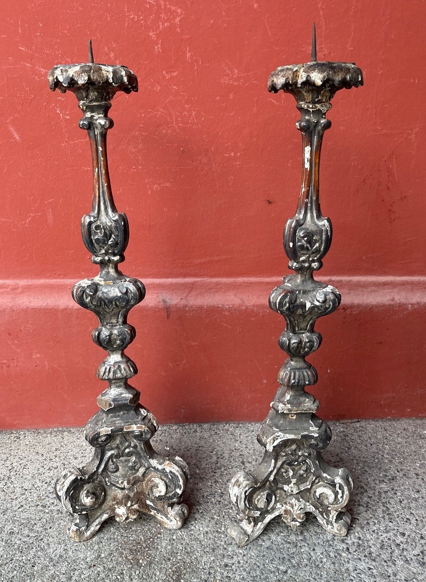 Pair Of Carved Silver-plated Wooden Candlesticks, Italy, 18th Century 