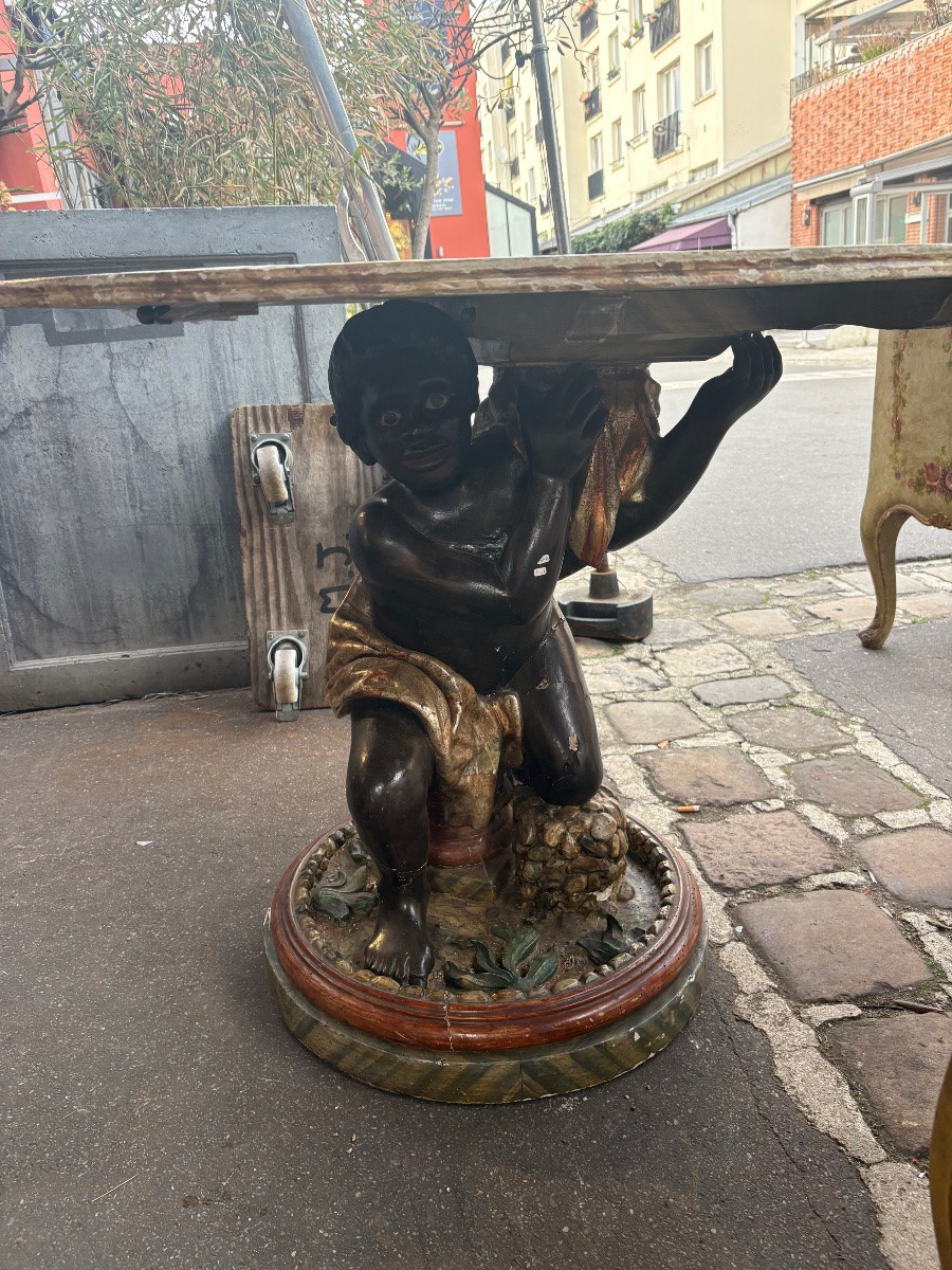 Gueridon Venise  XIX EME Italie plateau faux marbre fut sculpté d’un maure -photo-3