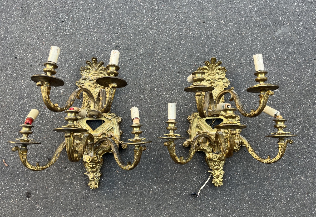 Pair Of Bronze Wall Sconces, Regency Style, 19th Century, France
