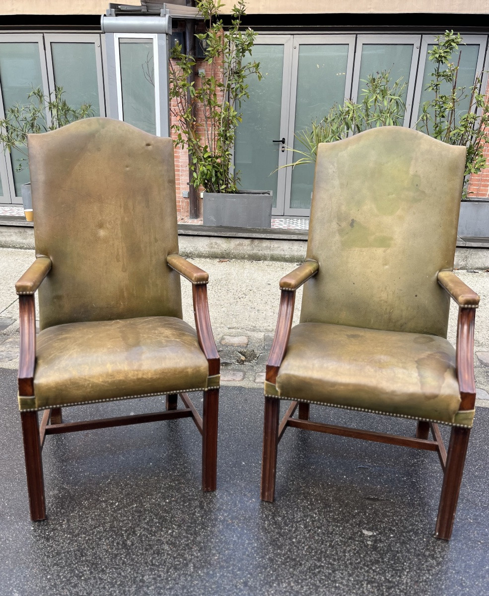 Pair Of English Armchairs, Late 19th Century. Mahogany And Studded Leather.-photo-2