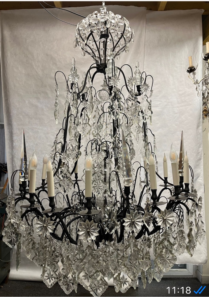 Grand lustre cage bronze patine brune et plaques cristal 16 lumières -photo-2