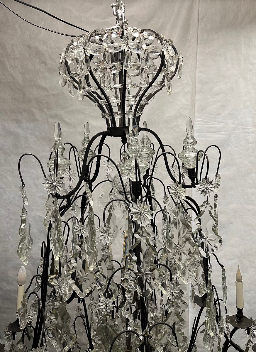 Grand lustre cage bronze patine brune et plaques cristal 16 lumières -photo-3