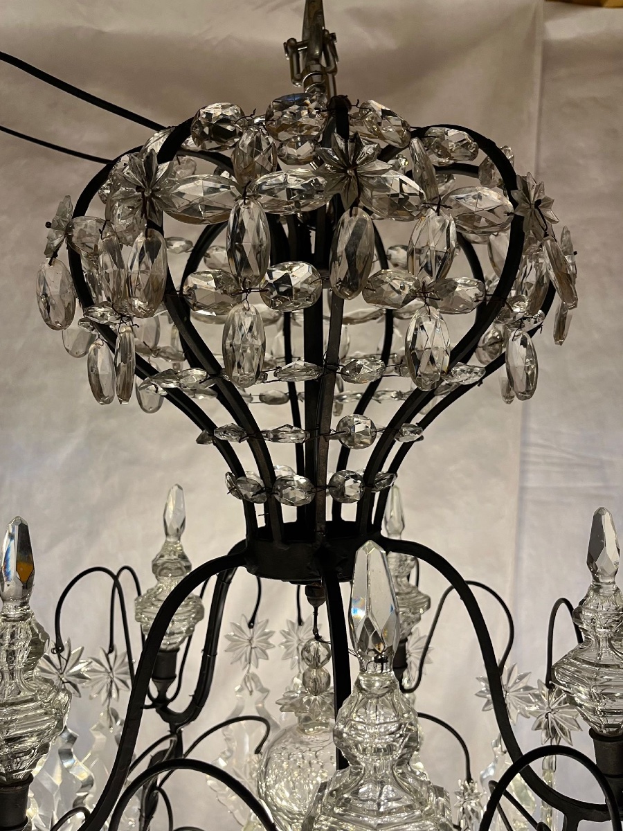 Grand lustre cage bronze patine brune et plaques cristal 16 lumières -photo-1
