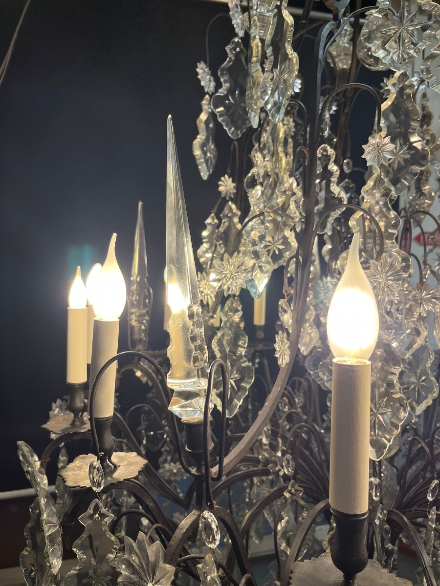 Grand lustre cage bronze patine brune et plaques cristal 16 lumières -photo-2