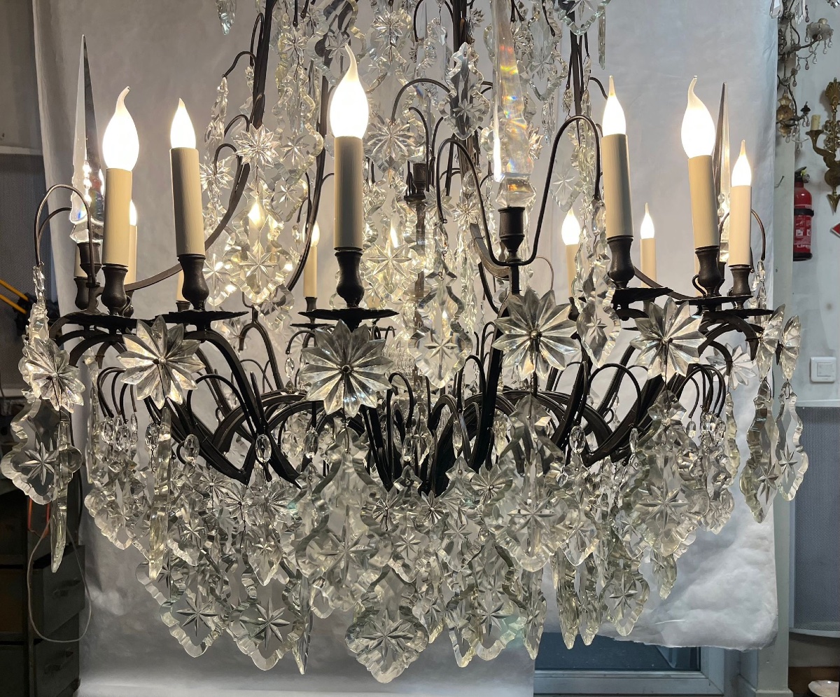 Grand lustre cage bronze patine brune et plaques cristal 16 lumières -photo-3