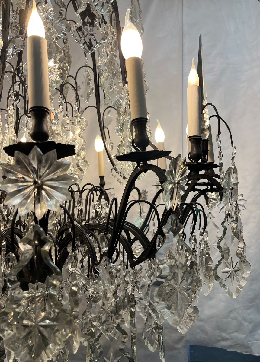 Grand lustre cage bronze patine brune et plaques cristal 16 lumières -photo-4