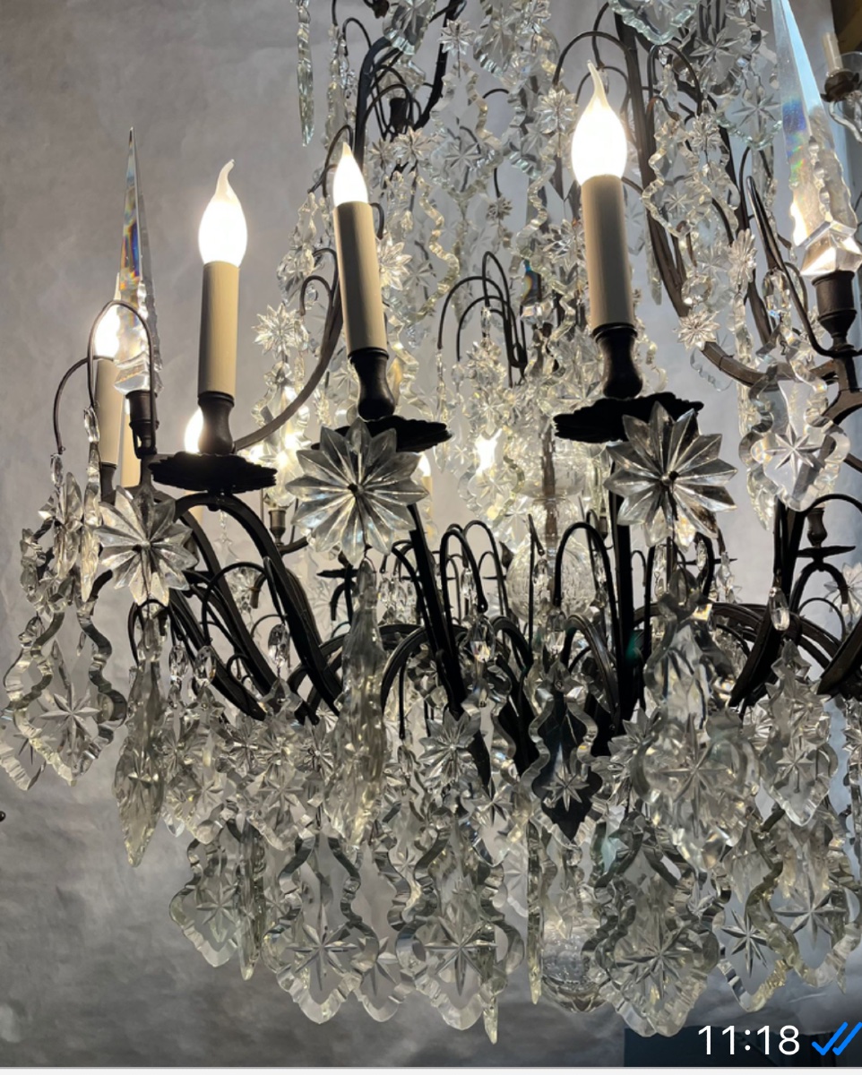 Grand lustre cage bronze patine brune et plaques cristal 16 lumières -photo-5