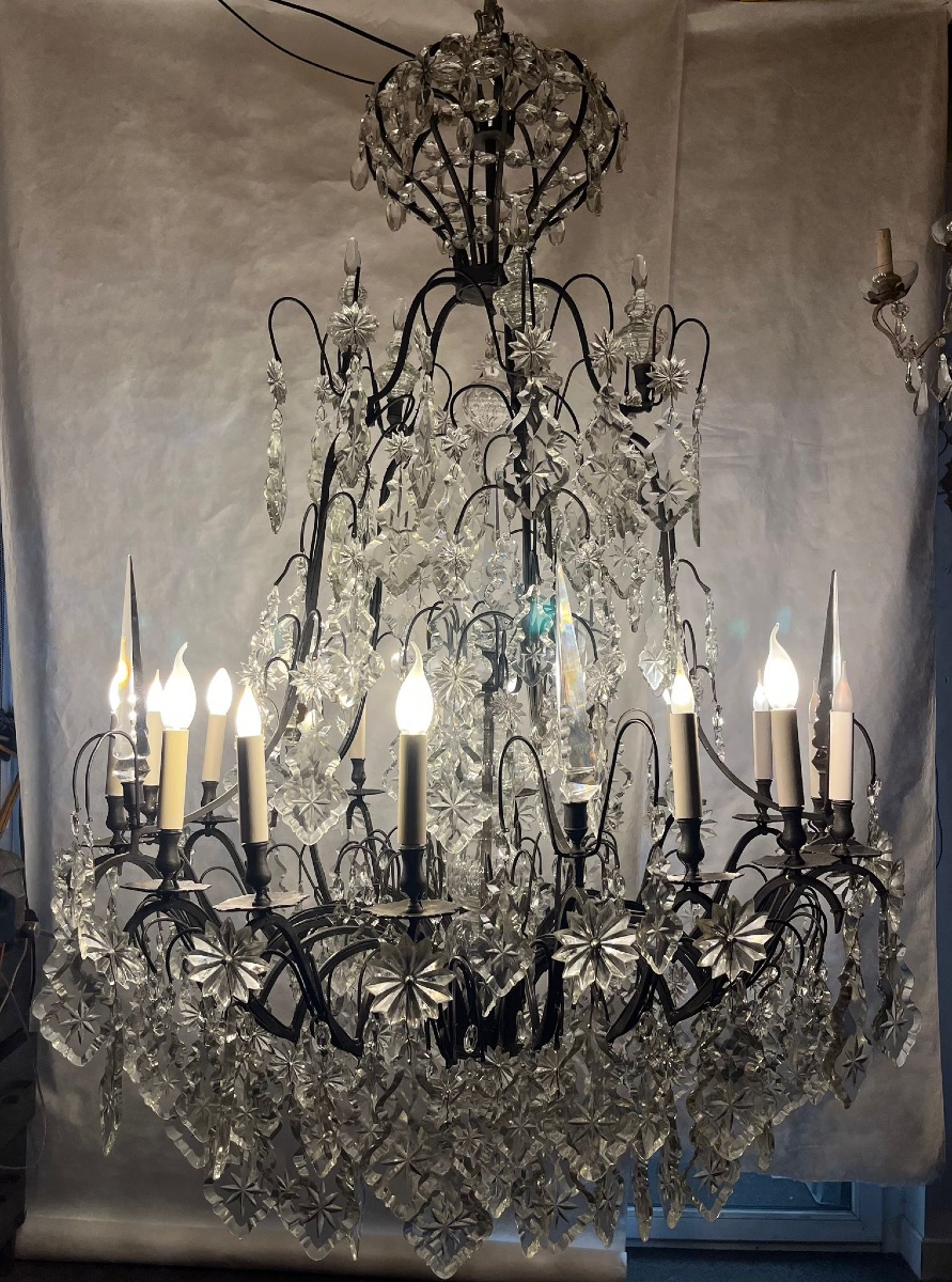 Grand lustre cage bronze patine brune et plaques cristal 16 lumières -photo-6