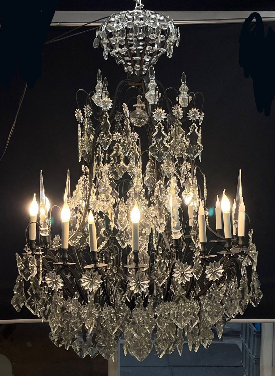 Grand lustre cage bronze patine brune et plaques cristal 16 lumières 