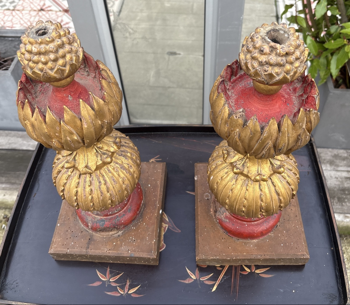Paire de bois sculptés de forme végétale XIX EME siècle Italie pouvant être monté en lampes -photo-2