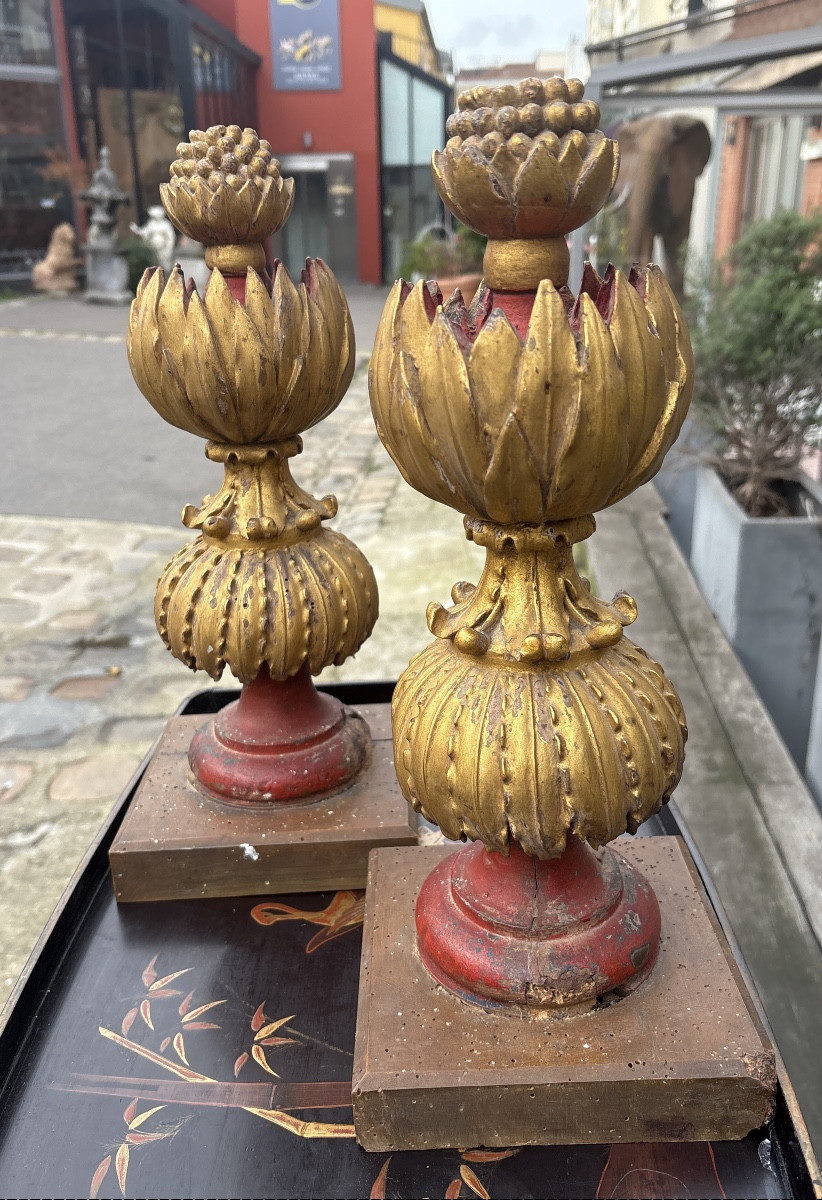 Paire de bois sculptés de forme végétale XIX EME siècle Italie pouvant être monté en lampes -photo-3