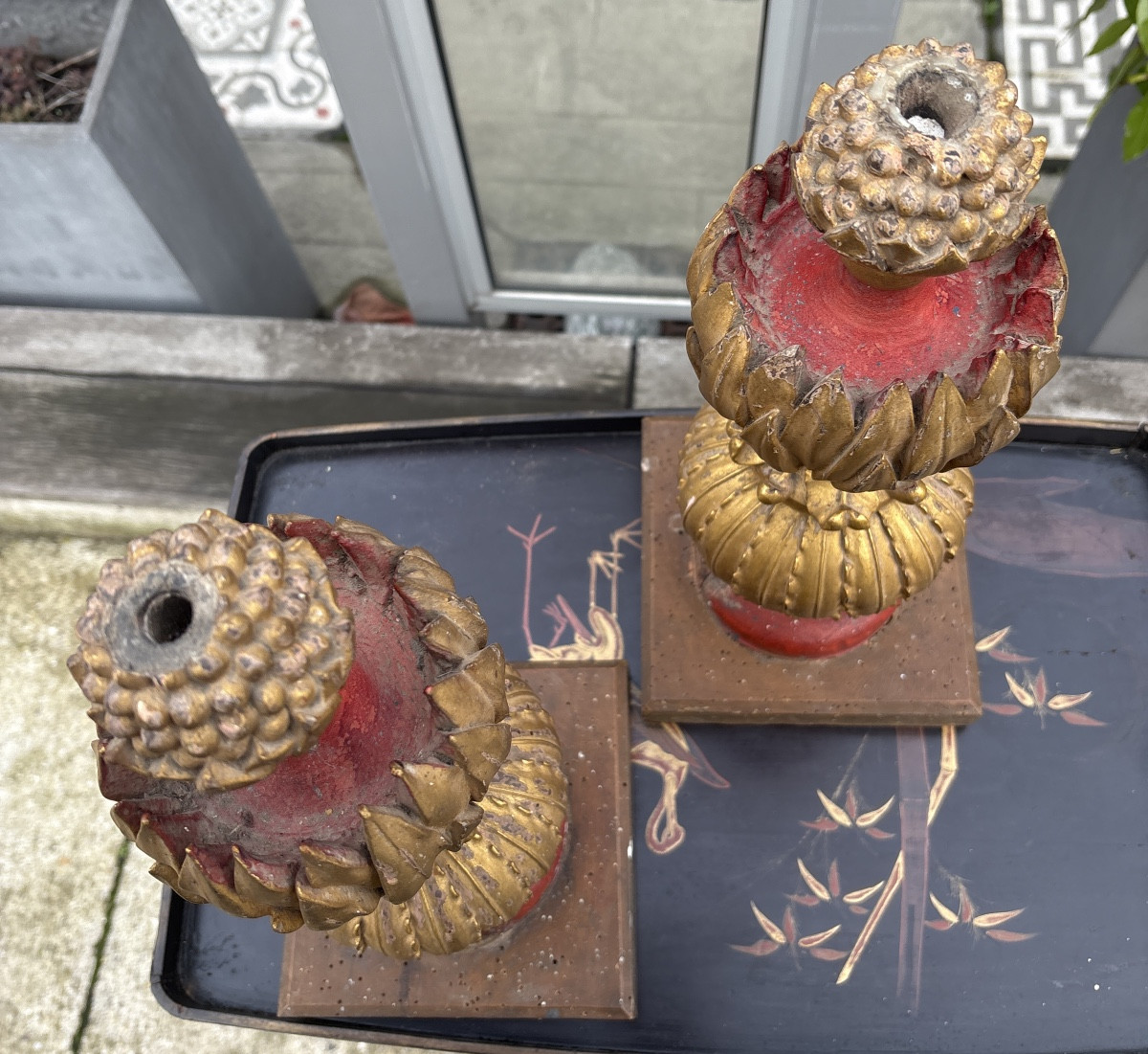 Paire de bois sculptés de forme végétale XIX EME siècle Italie pouvant être monté en lampes -photo-4