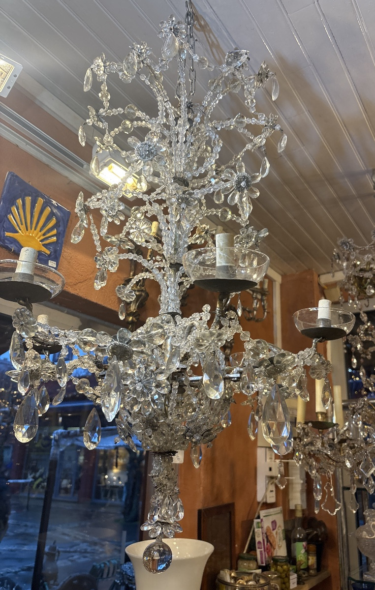 Lustre italien du XIX EME armature en fer forgé et habillage de perles baroques et taillées -photo-2