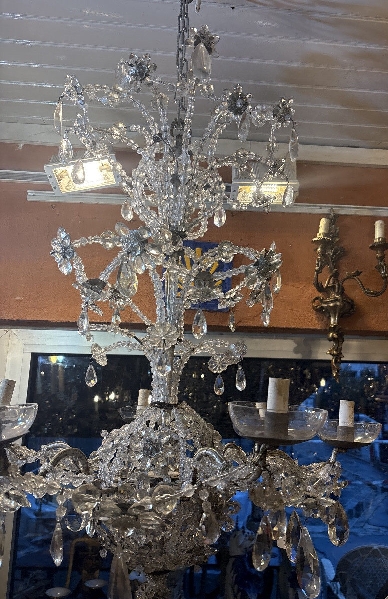 Lustre italien du XIX EME armature en fer forgé et habillage de perles baroques et taillées -photo-2