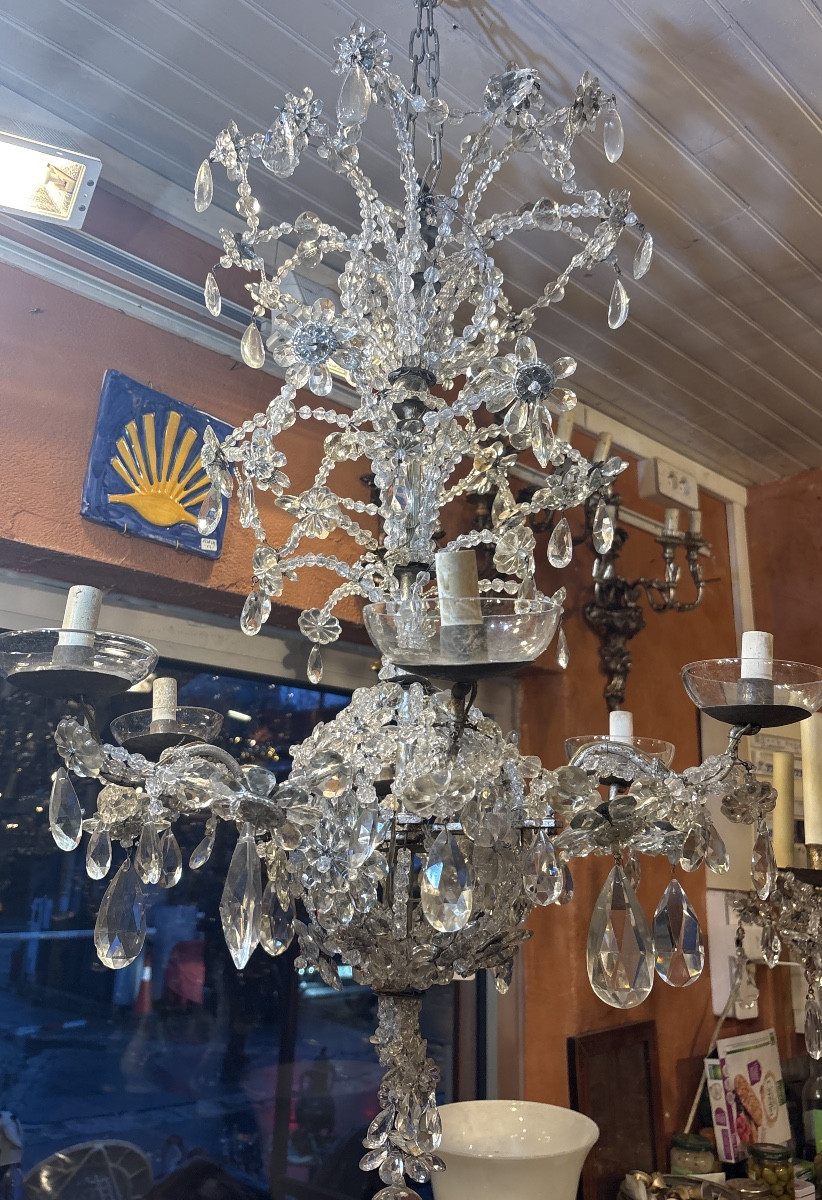 Grand Lustre En Fer Forgé Avec Verres Colorés - Fabriqué En Italie