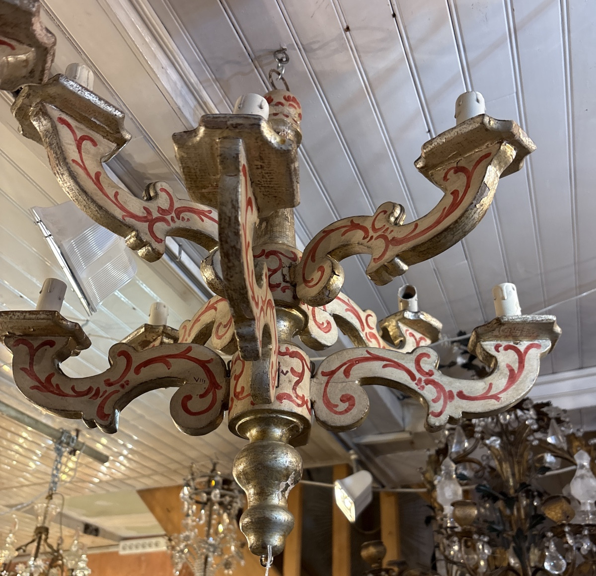Pair Of 8-light Chandeliers In Painted And Silvered Wood, Italy, 19th Century -photo-4
