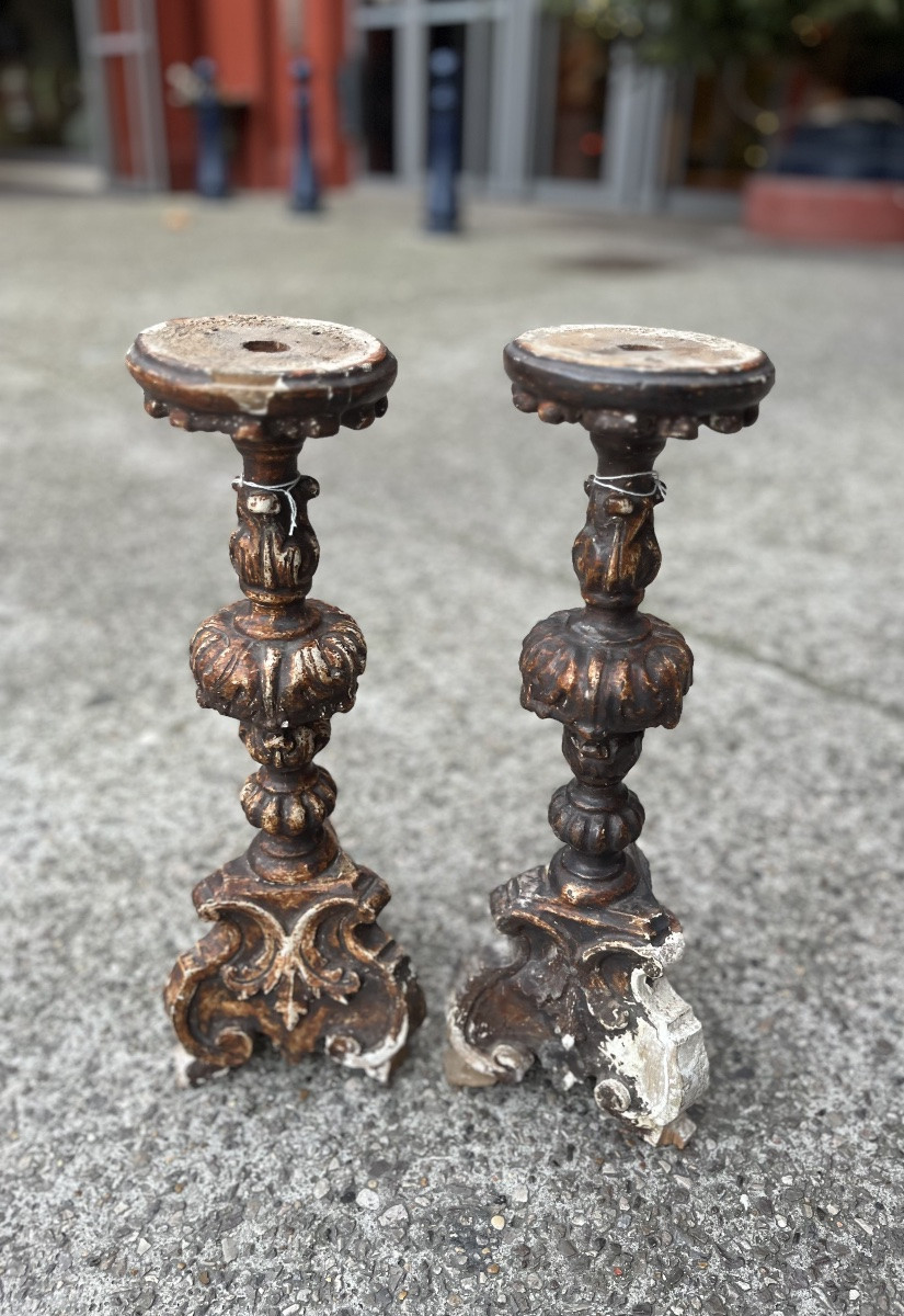 Paire de candélabres en bois sculpté, XVIIIe siècle-photo-2