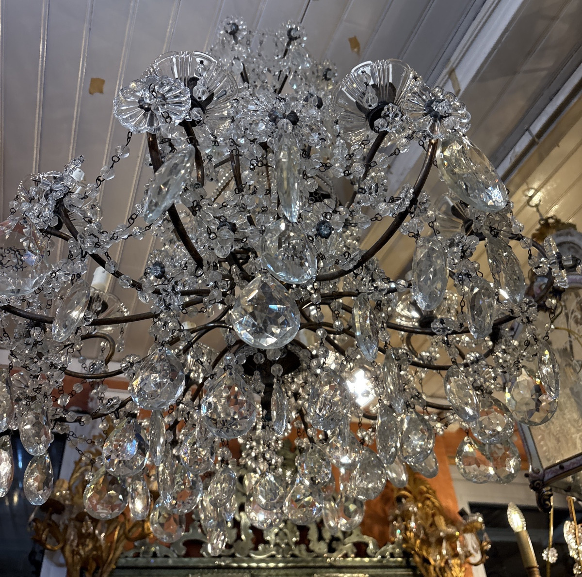 Lustre italien  des années 40/50 8 lumières  laiton et pampilles -photo-2