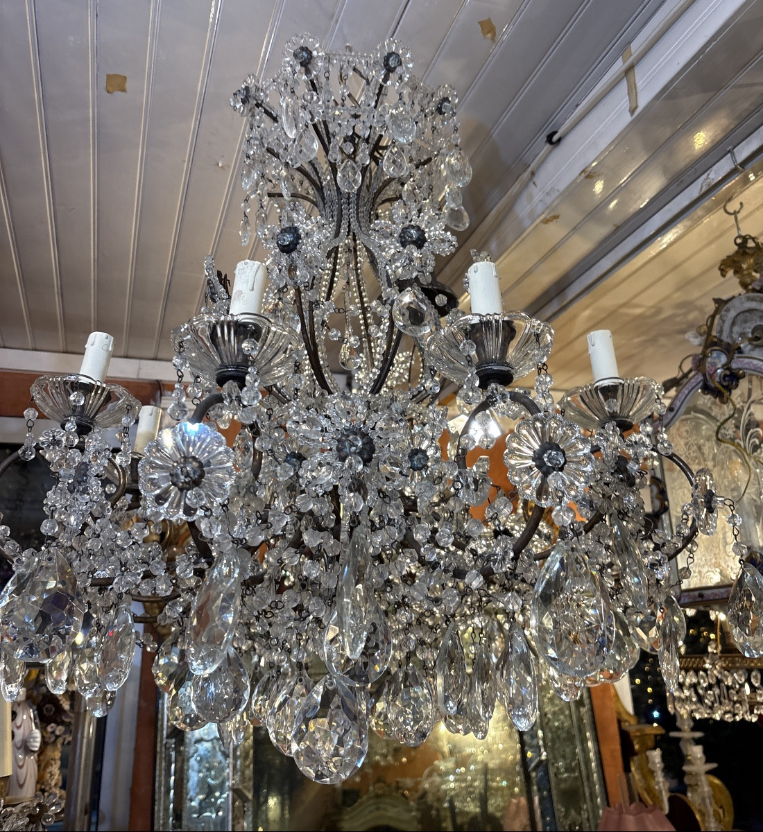 Lustre italien  des années 40/50 8 lumières  laiton et pampilles -photo-3