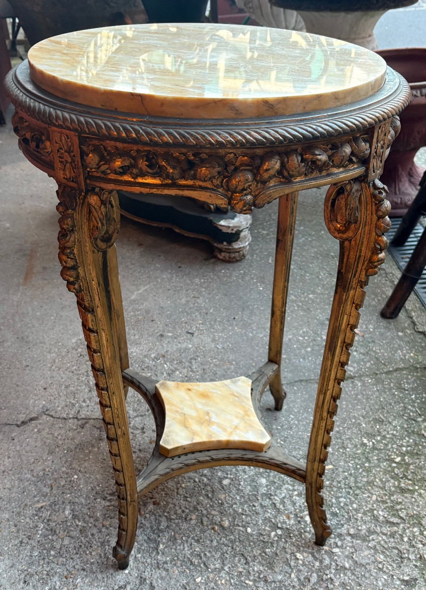 Guéridon bois doré de style L XVI fin du XIX EME dessus marbre de sienne -photo-2