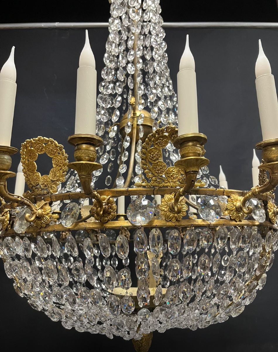 Empire Period Chandelier, Montgolfier Model, Gilt Bronze And Antique Crystals -photo-2