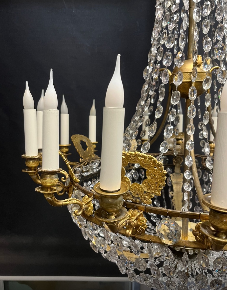 Empire Period Chandelier, Montgolfier Model, Gilt Bronze And Antique Crystals -photo-1