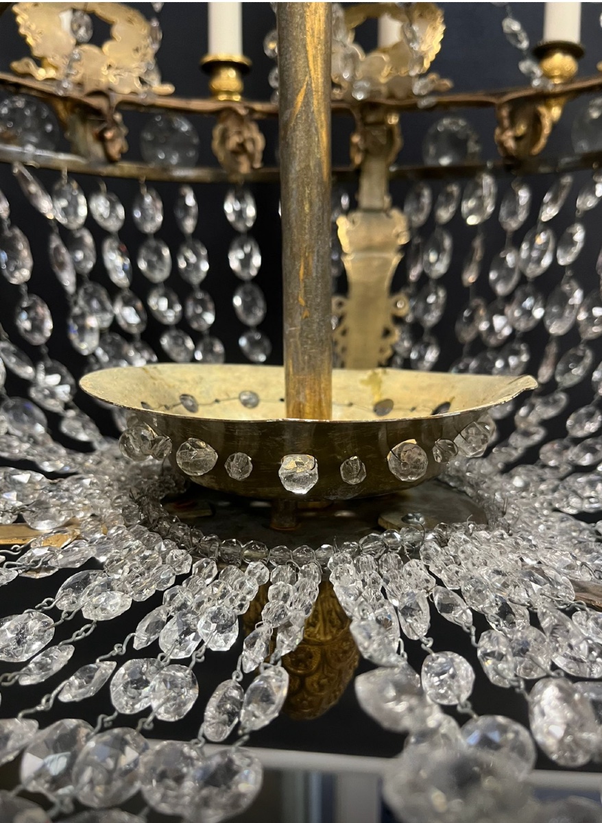 Empire Period Chandelier, Montgolfier Model, Gilt Bronze And Antique Crystals -photo-3