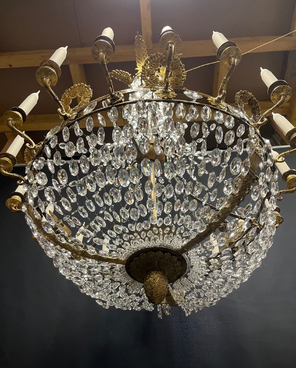Empire Period Chandelier, Montgolfier Model, Gilt Bronze And Antique Crystals -photo-4