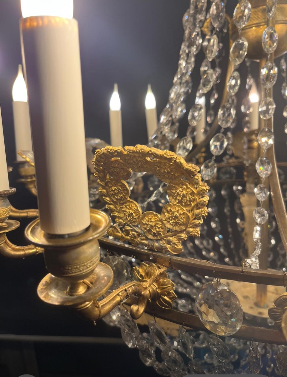 Empire Period Chandelier, Montgolfier Model, Gilt Bronze And Antique Crystals -photo-6