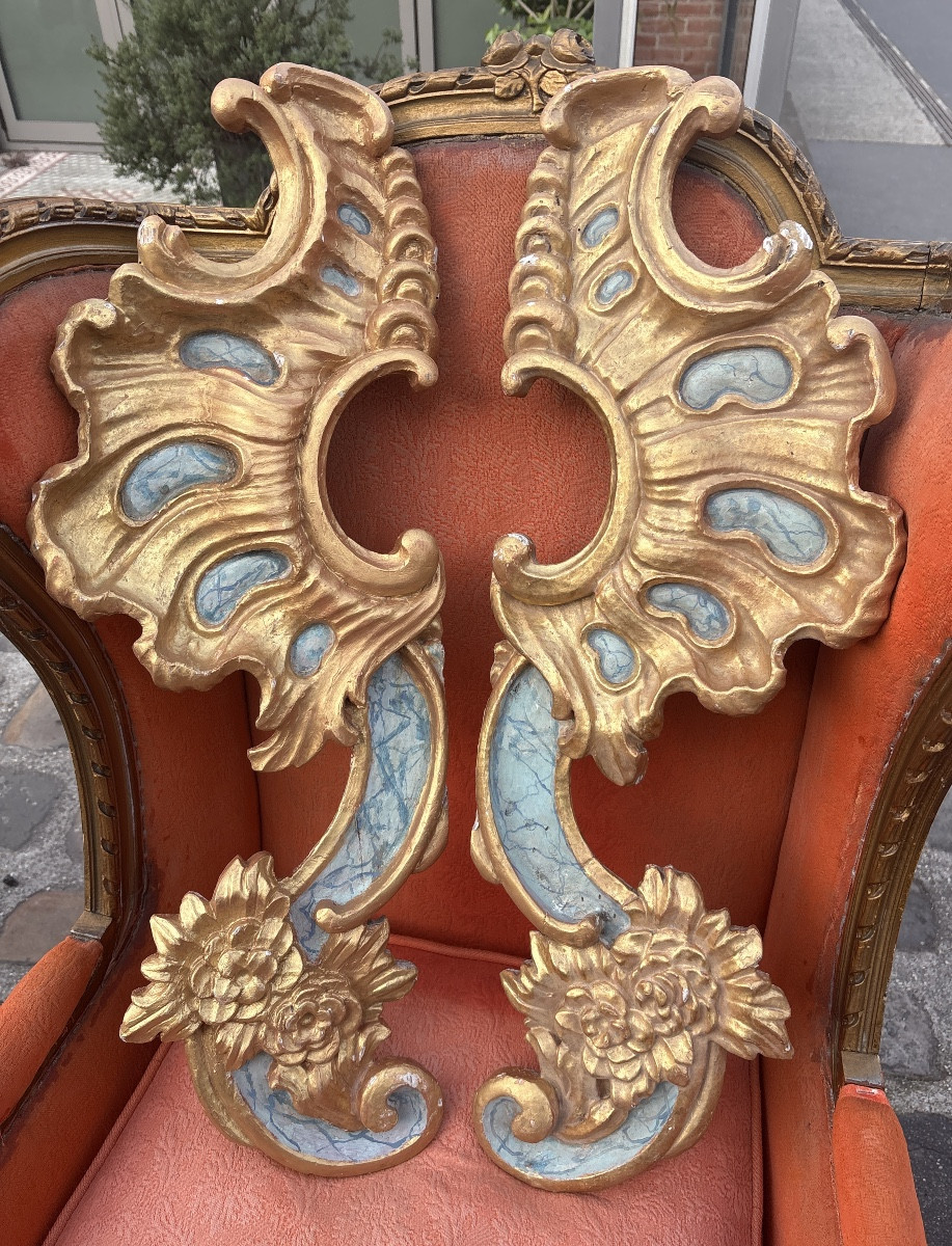 2 éléments en bois sculpté dorés et faux marbre XIX EME 