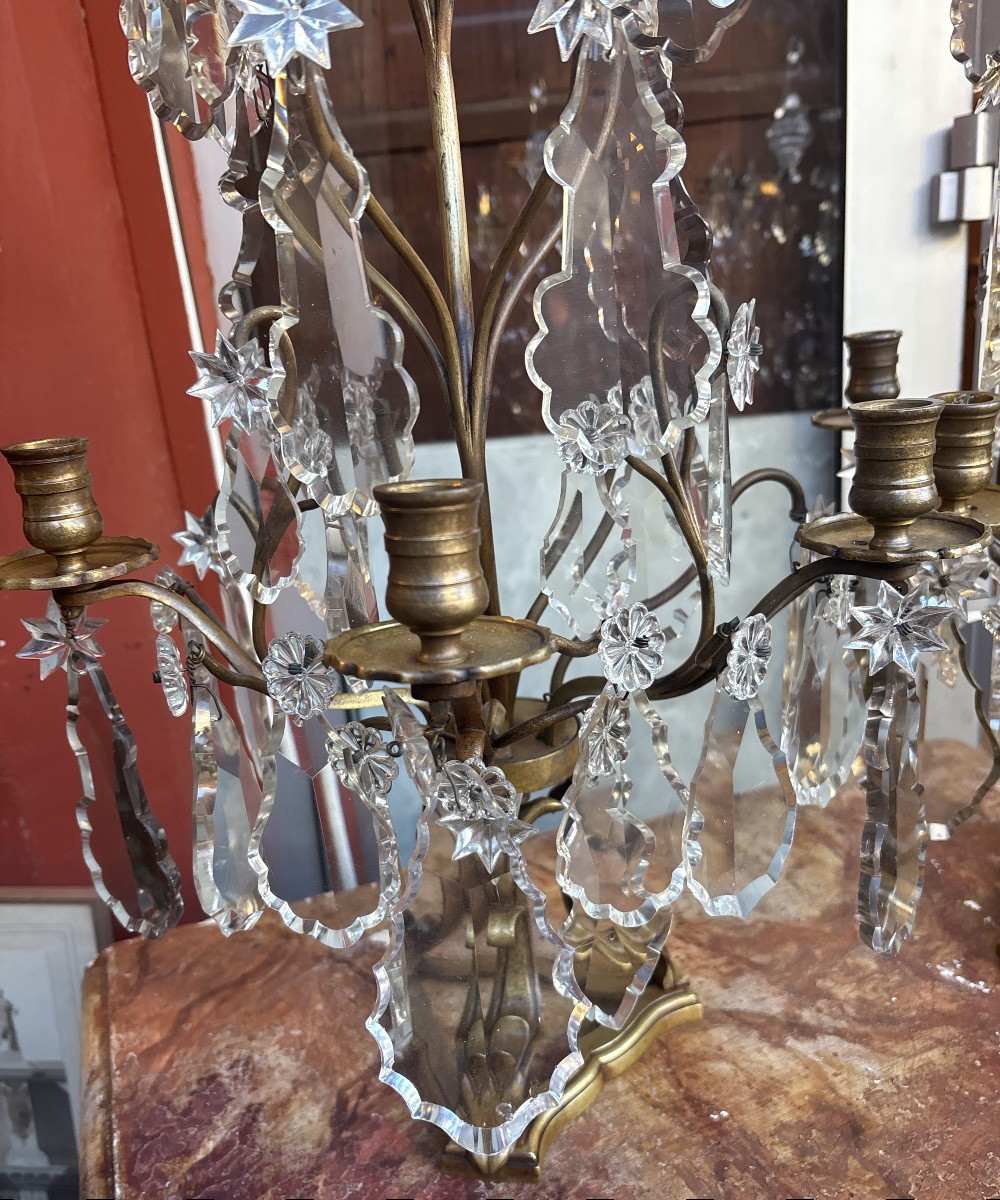 Pair Of 19th-century Regency Style Girandoles In Bronze And Crystal -photo-2