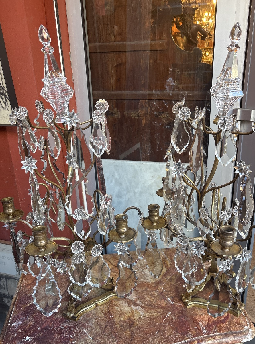 Pair Of 19th-century Regency Style Girandoles In Bronze And Crystal -photo-3
