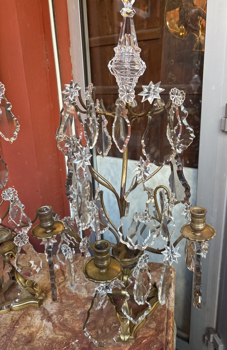Pair Of 19th-century Regency Style Girandoles In Bronze And Crystal -photo-4