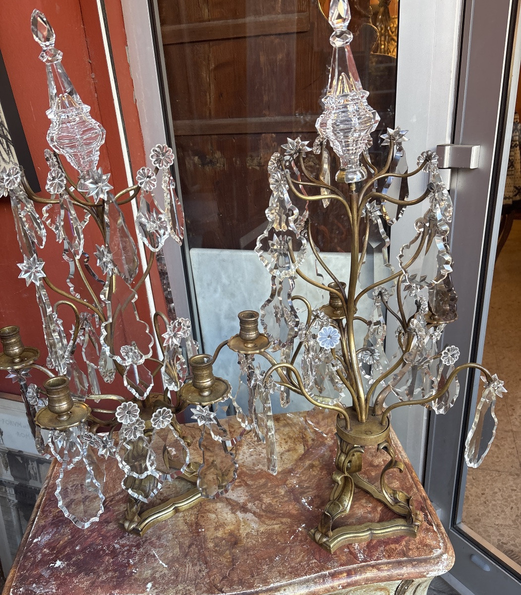 Pair Of 19th-century Regency Style Girandoles In Bronze And Crystal -photo-1