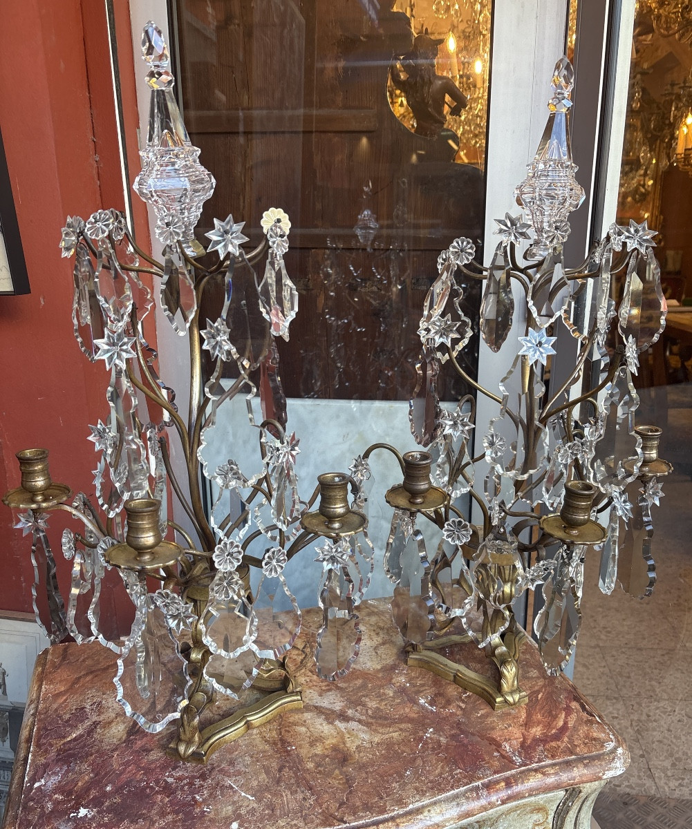 Pair Of 19th-century Regency Style Girandoles In Bronze And Crystal 