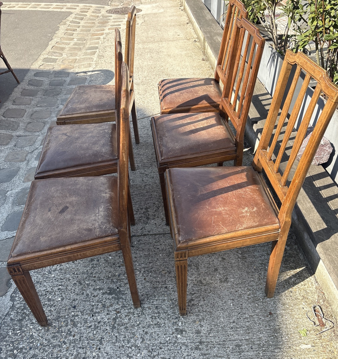 Set Of 6 Early 19th-century Walnut Chairs With Leather Cushions, Italy -photo-4