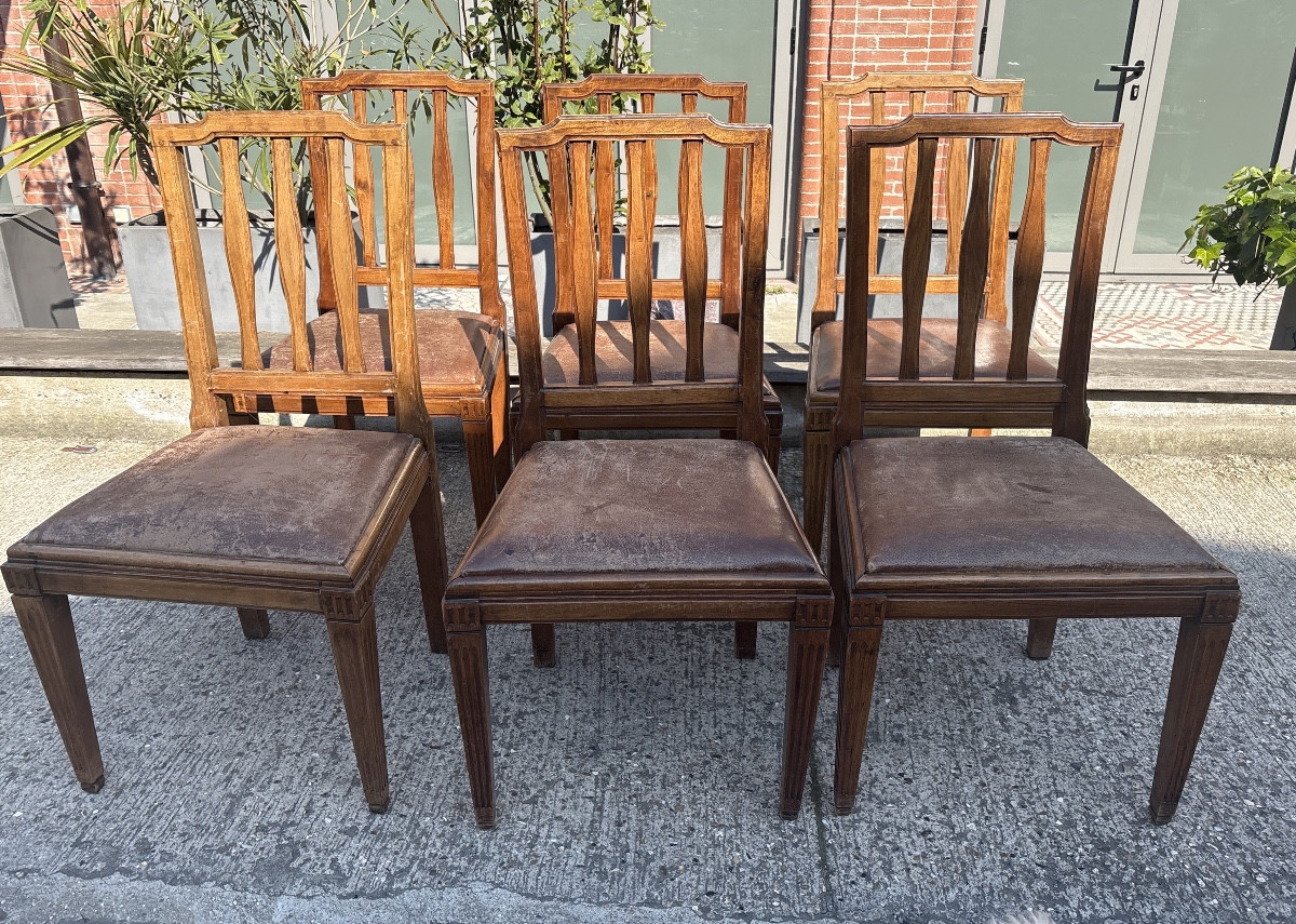 Set Of 6 Early 19th-century Walnut Chairs With Leather Cushions, Italy 