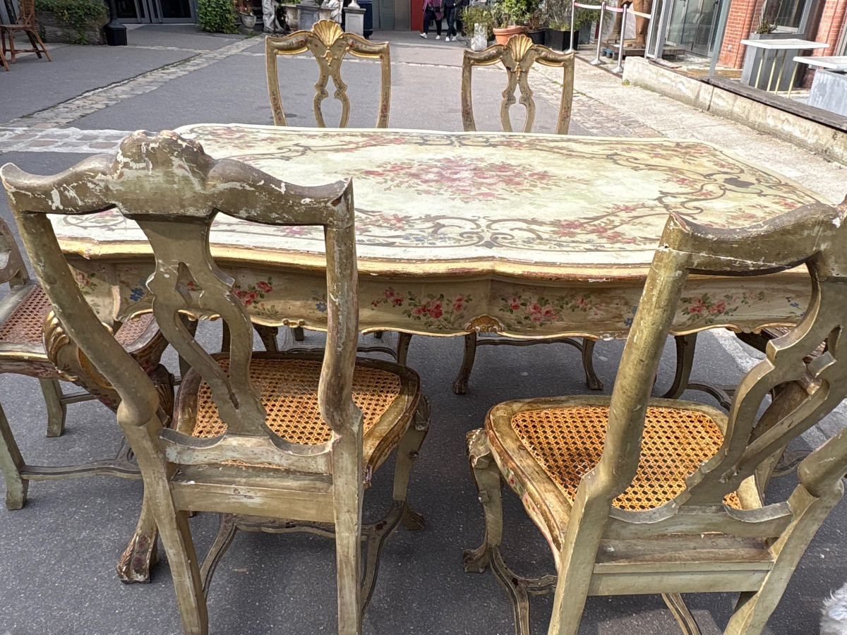 Dining Set  Table With 6 Canned Chairs Painted In Venitian Style Turn Of XX Th  -photo-4