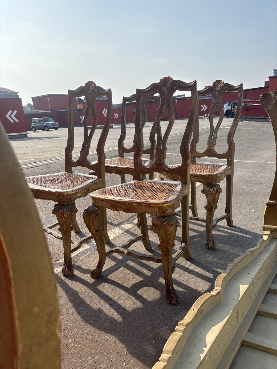 Dining Set  Table With 6 Canned Chairs Painted In Venitian Style Turn Of XX Th  -photo-2