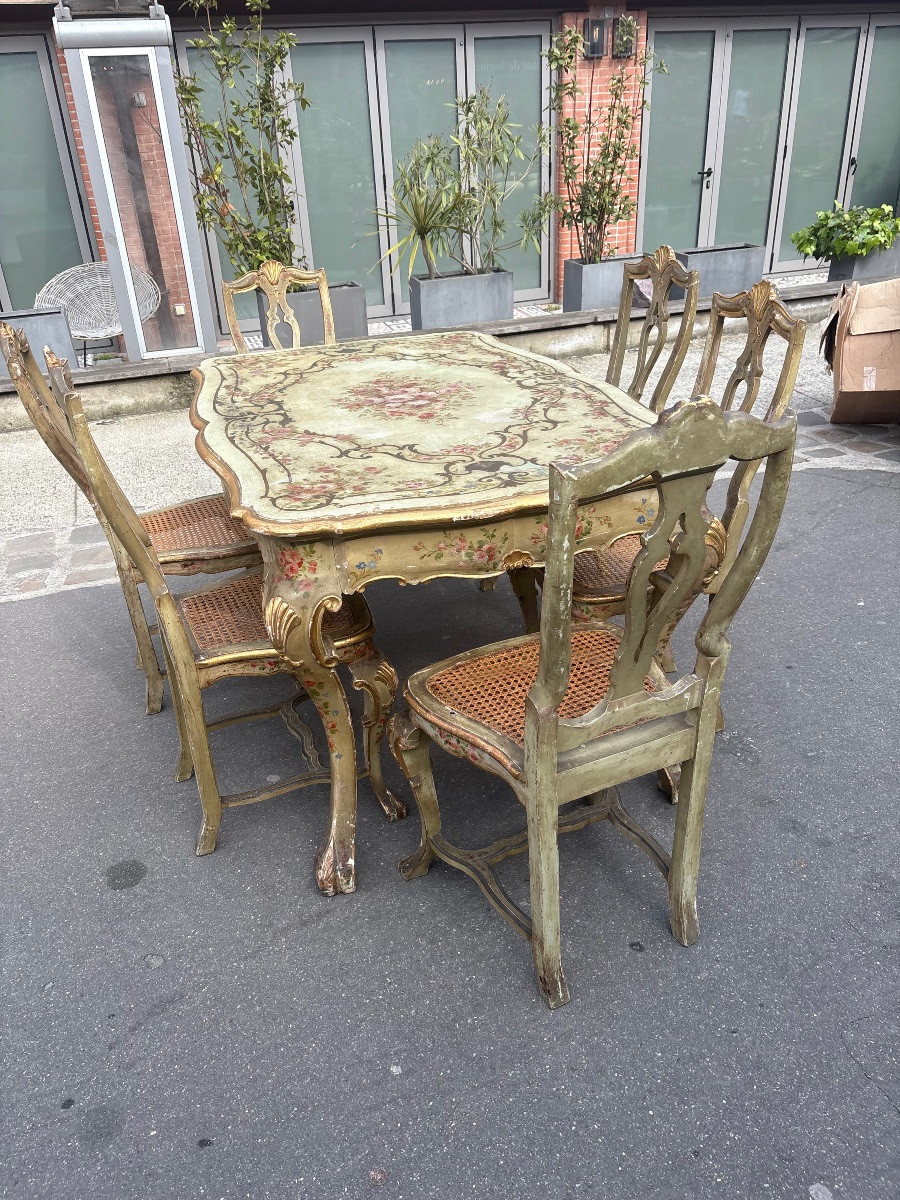 Dining Set  Table With 6 Canned Chairs Painted In Venitian Style Turn Of XX Th  -photo-3