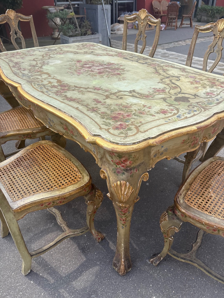 Dining Set  Table With 6 Canned Chairs Painted In Venitian Style Turn Of XX Th  -photo-4