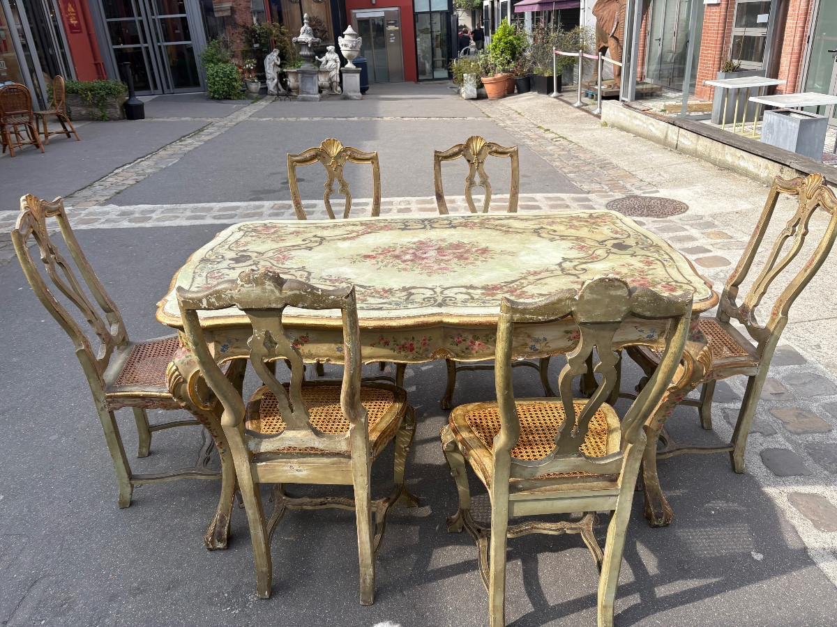 Dining Set  Table With 6 Canned Chairs Painted In Venitian Style Turn Of XX Th  -photo-5
