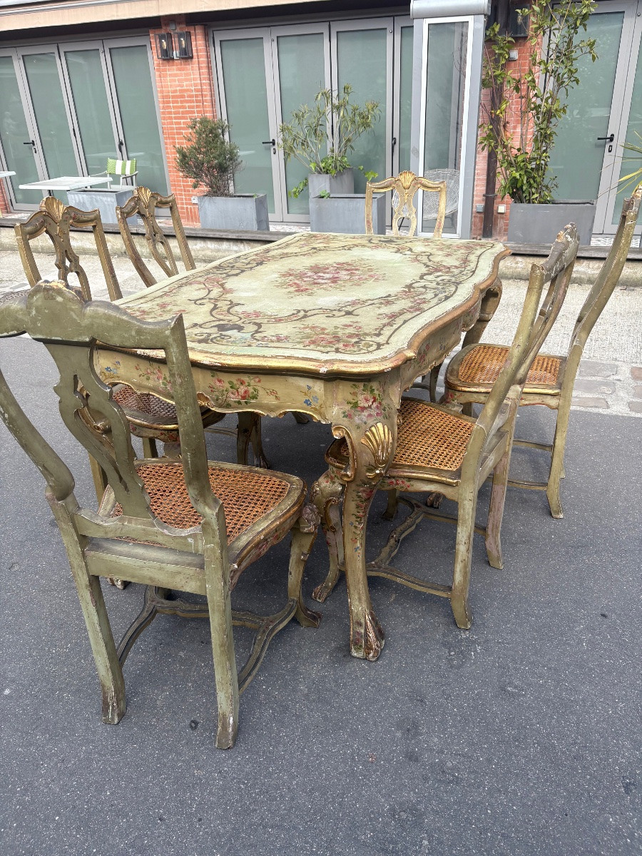 Dining Set  Table With 6 Canned Chairs Painted In Venitian Style Turn Of XX Th  -photo-6