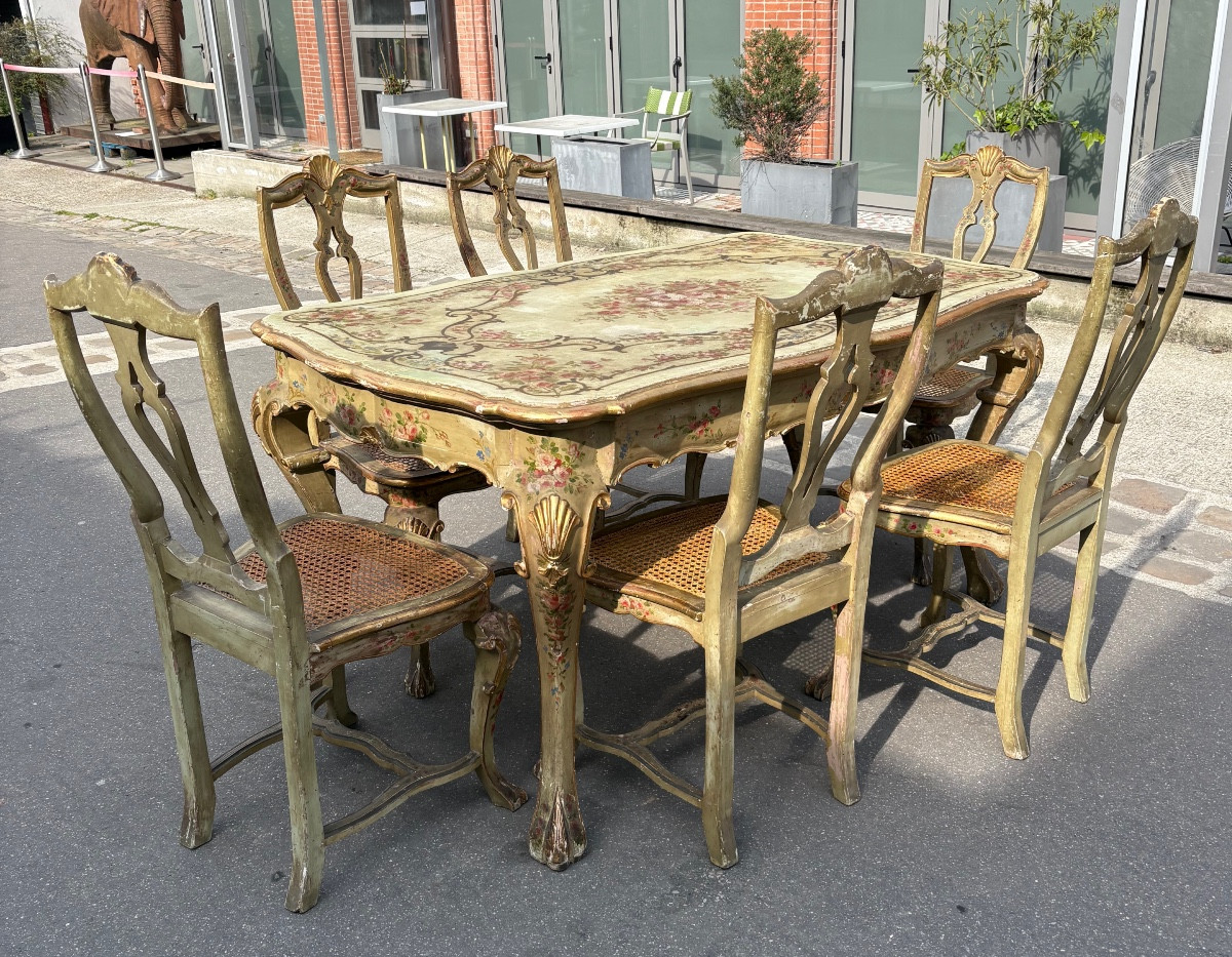 Dining Set  Table With 6 Canned Chairs Painted In Venitian Style Turn Of XX Th  