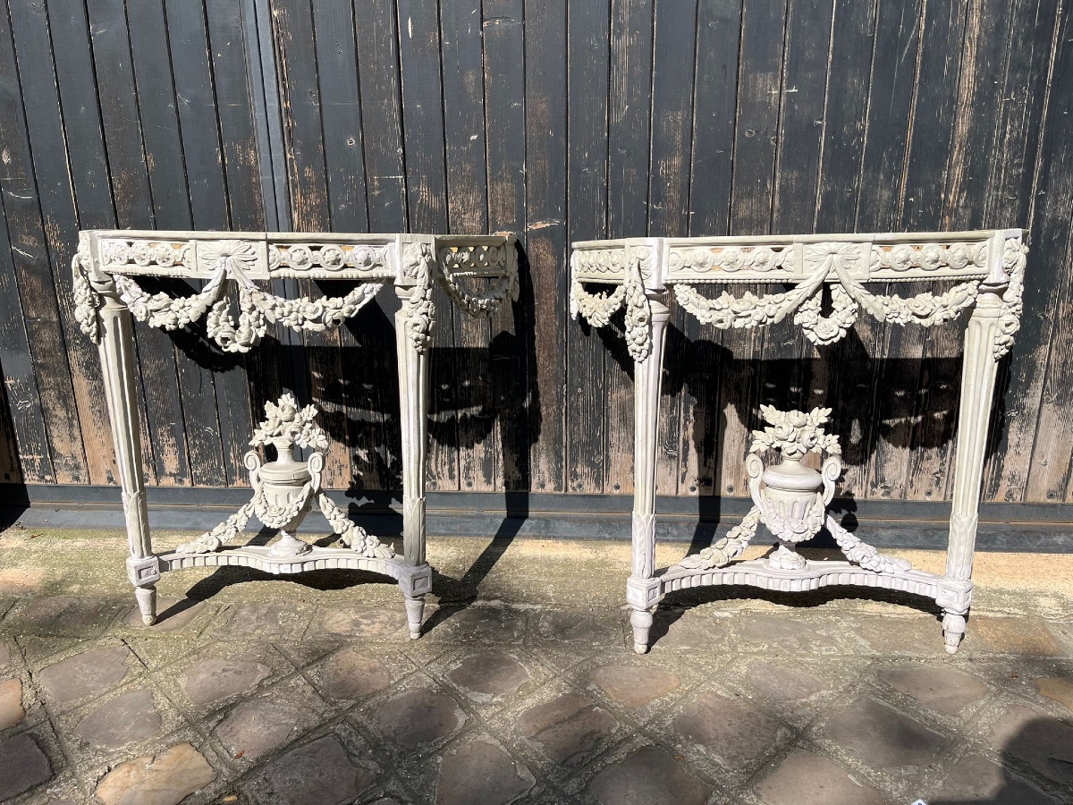 Pair Of 1/2half Moon  Consoles  French XVIII Eme Century  Louis XVI -photo-4