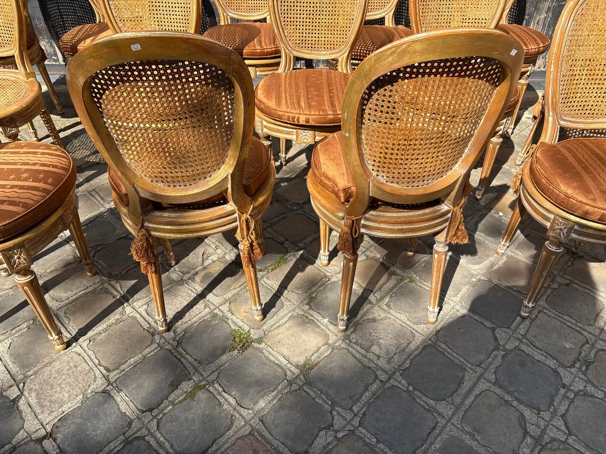 Ensemble de 18 chaises cannées style Louis  XVI  XX EME patinées et dorées de style -photo-4