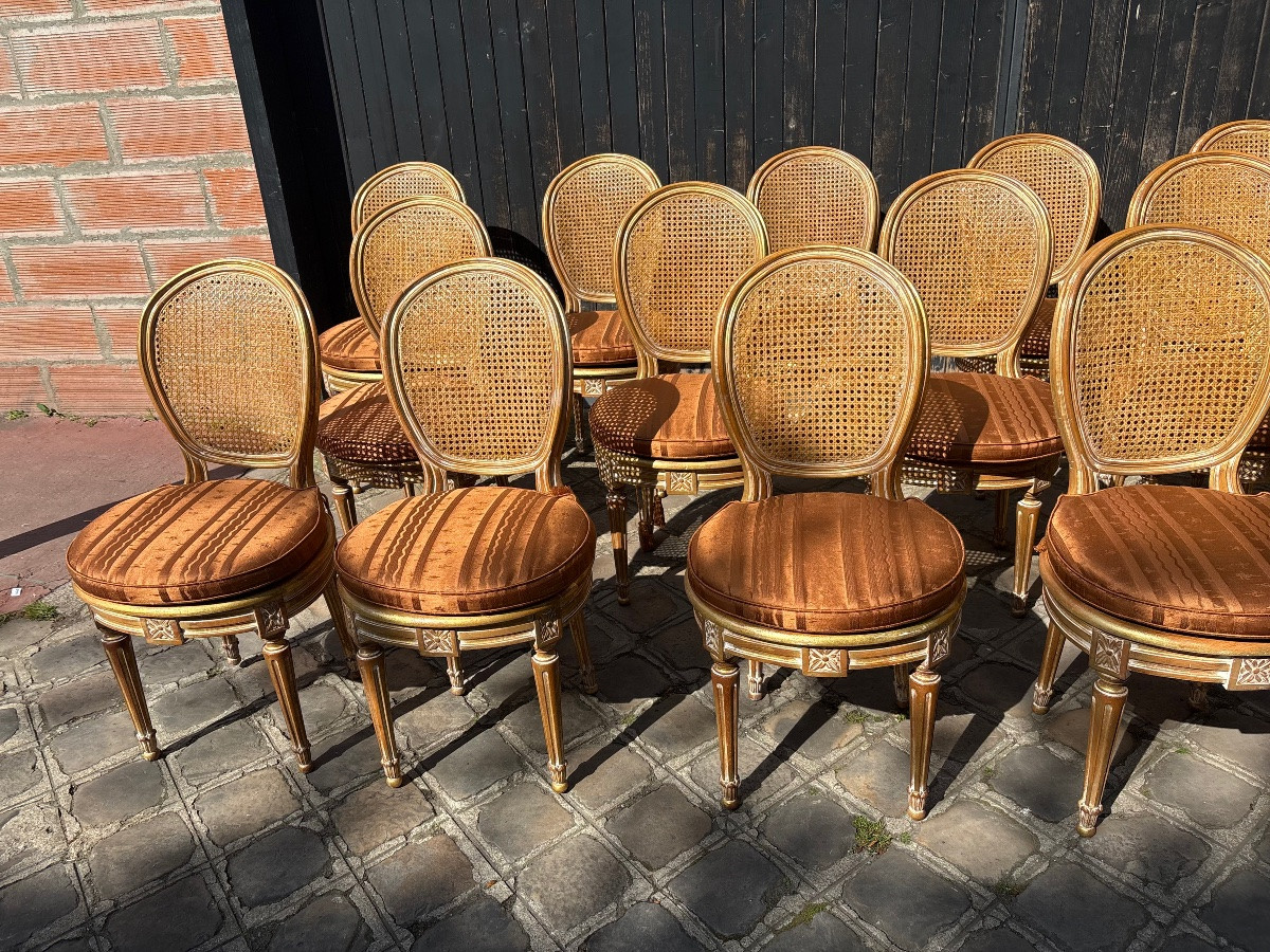 Ensemble de 18 chaises cannées style Louis  XVI  XX EME patinées et dorées de style -photo-7