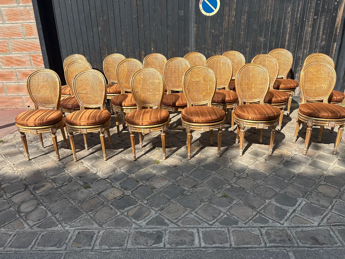 Ensemble de 18 chaises cannées style Louis  XVI  XX EME patinées et dorées de style -photo-8