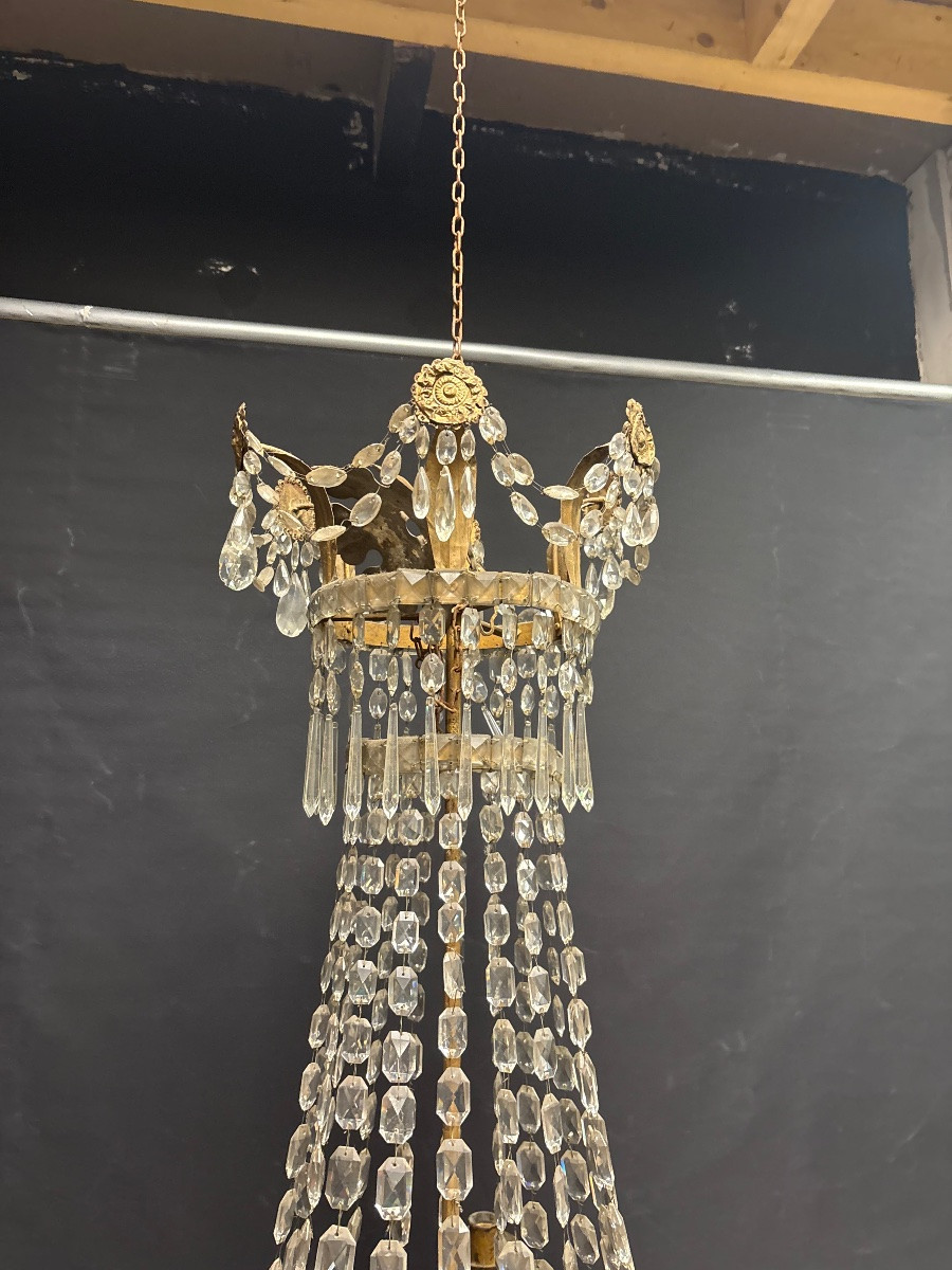 Early 19th Century Chandelier, Hot Air Balloon Model, 6 Arms, Wrought Iron And Antique Crystal  -photo-2