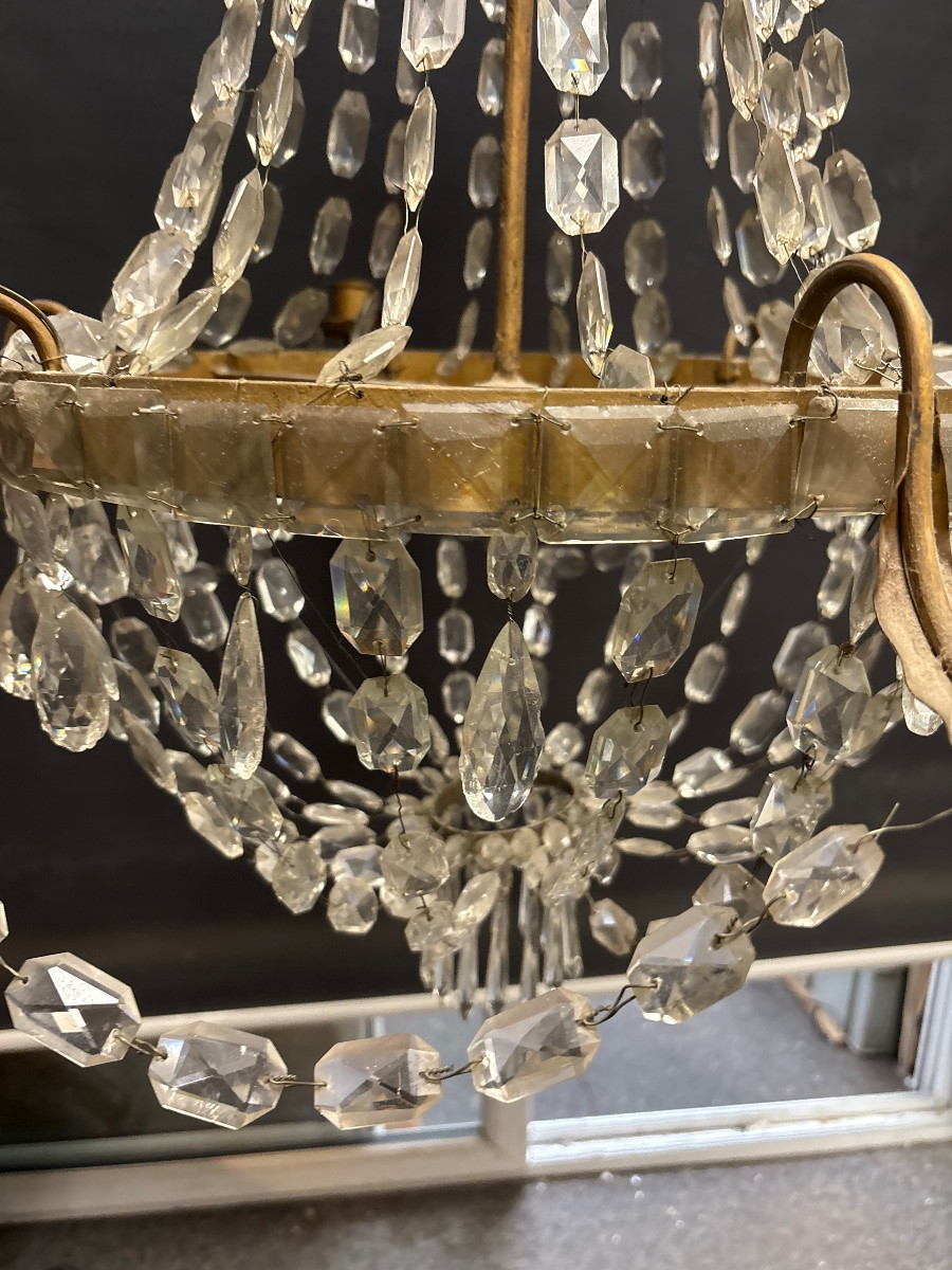 Early 19th Century Chandelier, Hot Air Balloon Model, 6 Arms, Wrought Iron And Antique Crystal  -photo-3